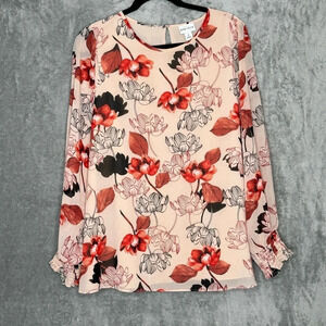 Ava & Viv 1X Shirt Top Pink Floral Long Sleeve Round Neck Casual Button Back